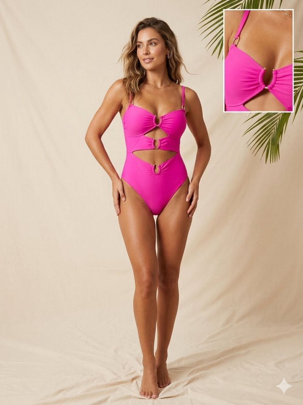 Eomenie Hot Pink Cutout One-Piece Swimsuit with gold hardware and cutouts